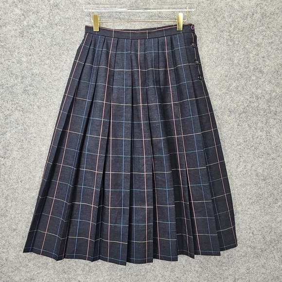 Bristol County Dresses & Skirts - VTG 70s Windowpane Pleated Midi Skirt Womens XS 2 Petite Navy BRISTOL COUNTY USA